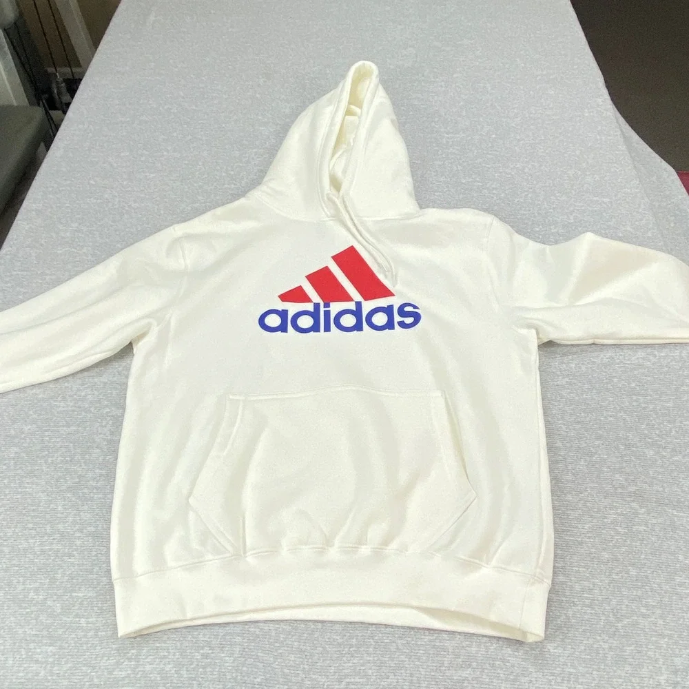 Adidas Mens‎ Essentials Fleece Logo Hoodie White Red Blue Pullover Medium